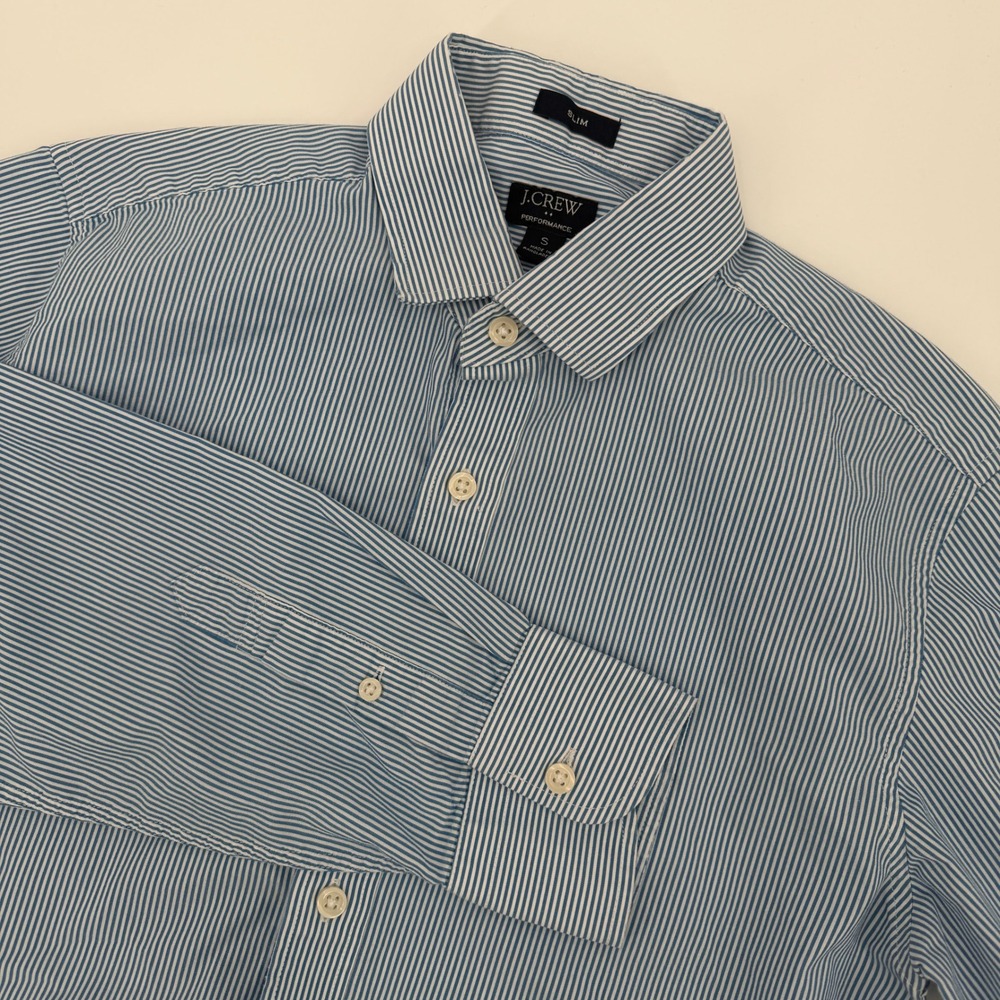 J Crew Mens Performance Slim Fit Blue White Striped Button Down Shirt Small